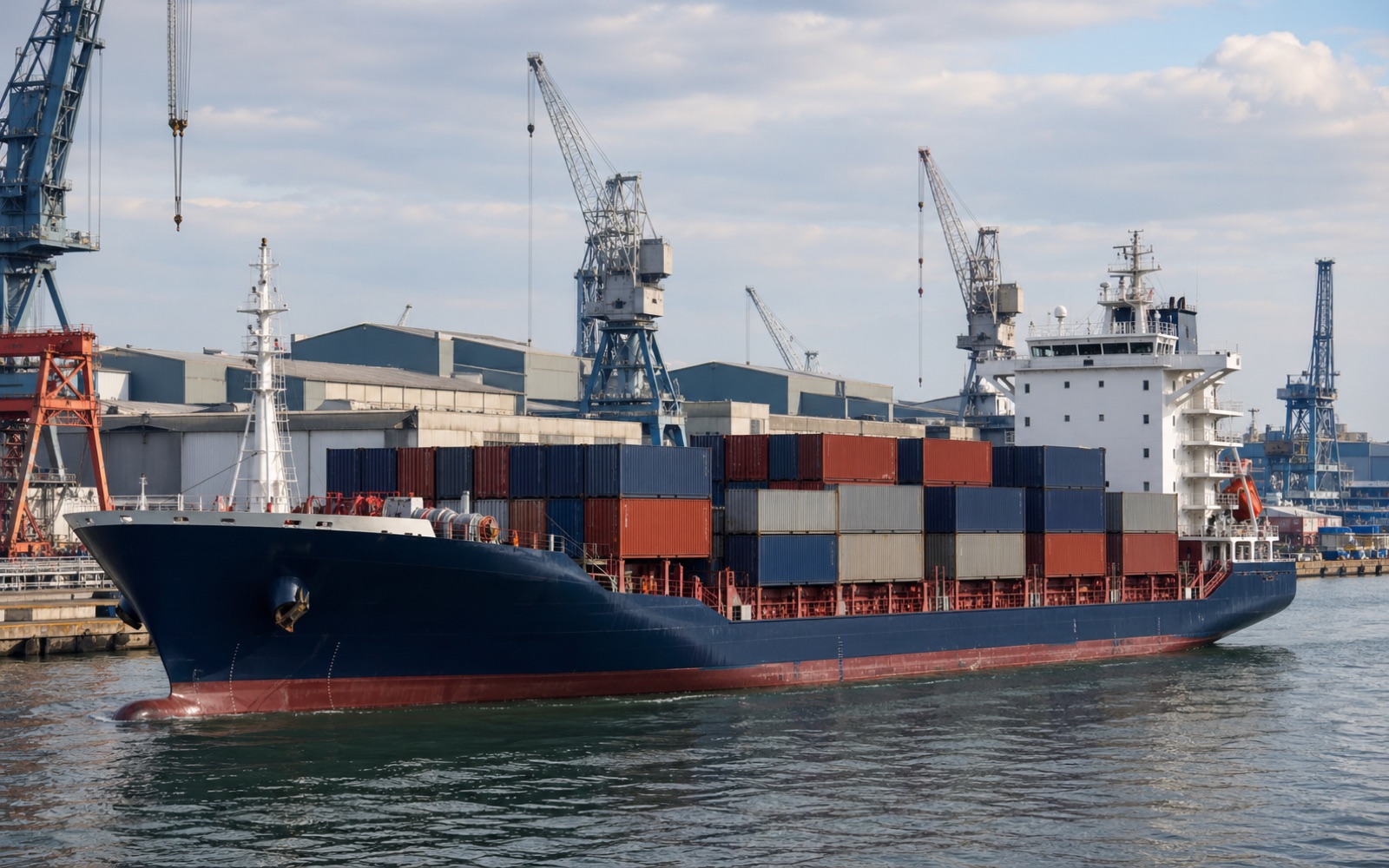Generic container feeder vessel near a commercial shipyard