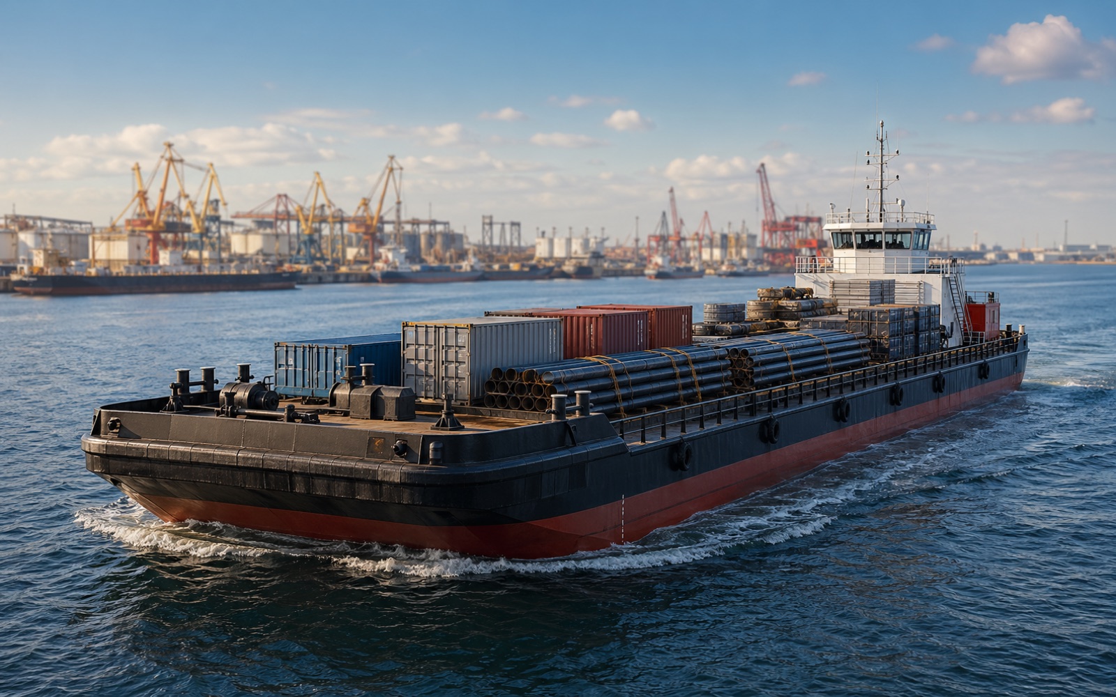 Generic commercial deck cargo barge in a working harbor