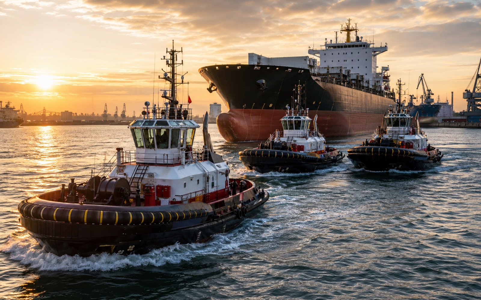Generic harbor tugboats assisting a commercial cargo vessel